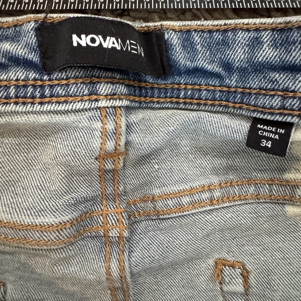 NOVA Bleached Denim Jeans Men Size 34 Embroidered Gothic Raw Hem - Picture 6 of 16